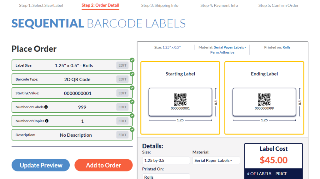 Code 128 1000 Serial Bar code Sequential Consecutive Number Labels 